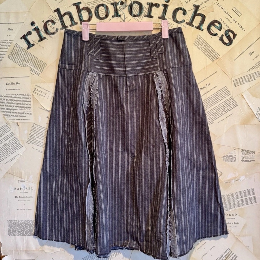 Free People Amelia Midi Skirt Pinstripe Pattern Frayed Seam Grey Combo - Picture 8 of 9